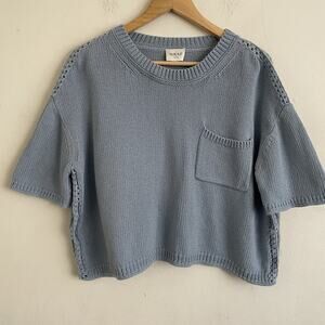 Wrap London Size M Blue Cotton Knit Short Sleeve Boxy Top T-Shirt Sweater